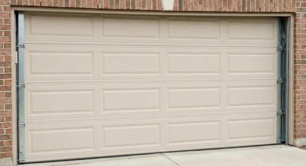 Standard beige paneled sectional garage door.