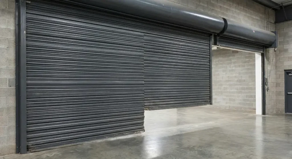 Heavy-duty black metal security roll-up door.
