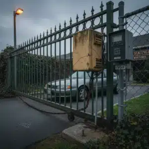 A metal security gate with a keypad and yellow control box blocking a car at an entrance.