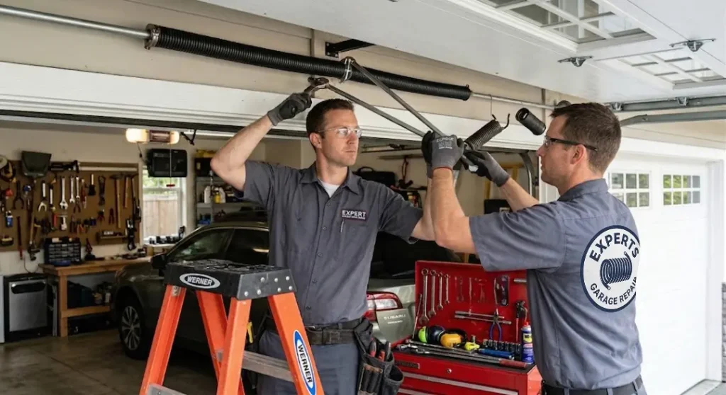 Gemini said A photo of two technicians in safety glasses repairing a garage door spring, one on a ladder, one beside a tool cart.