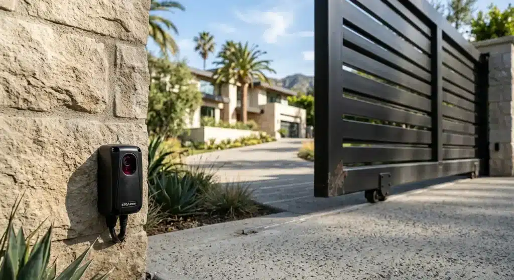 A high-end architectural photograph of a custom dark steel driveway gate on a luxury Los Angeles home. Focused close-up in the foreground is a sleek, black photoelectric safety eye sensor neatly installed on a limestone pillar near ground level. Bright California sunlight, cinematic depth of field, premium residential safety technology, ultra-detailed construction photography